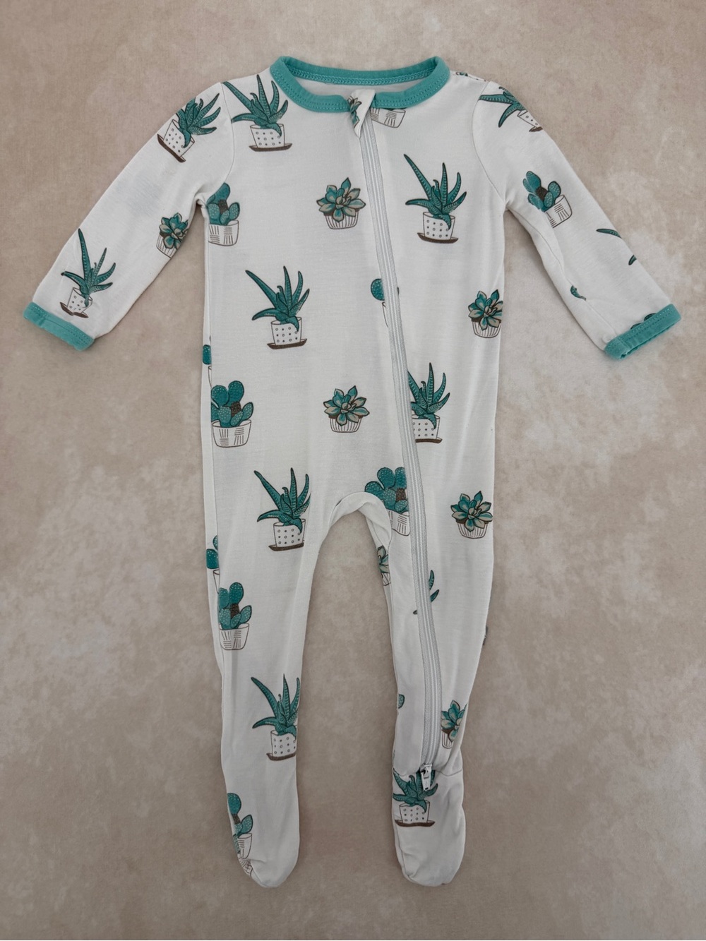 Kyte BABY White Footed One-Piece with Teal Succulent Print